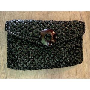 Vintage VANESSA Black Straw Purse Envelope Shoulder‎ Clutch Bag Wood Accent EC